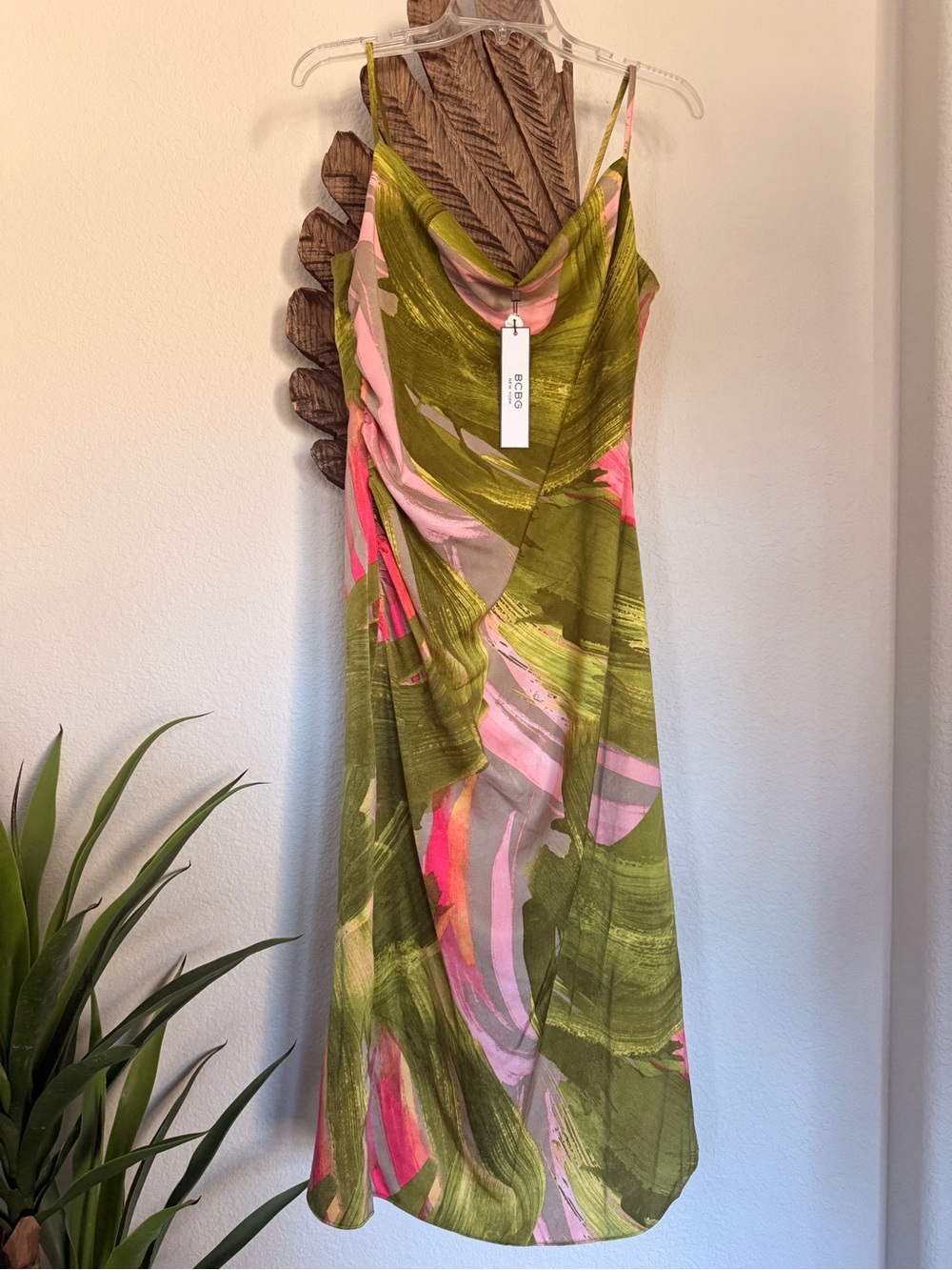 NWT BCBG cowl neck silky Olive Pink Slip Midi Dress summer travel sz M